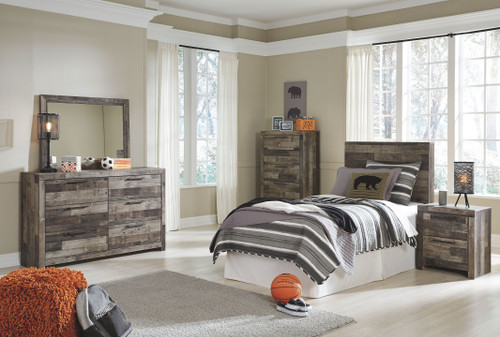 Derekson - 6 Pc. - Twin Panel Headboard, Dresser, Mirror, Chest, Nightstand - Multi Gray