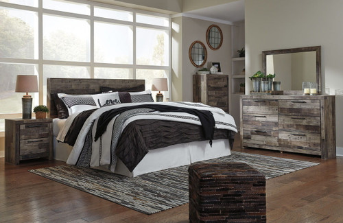 Derekson - 6 Pc. - King Panel Headboard with Bolt on Bed Frame, Dresser, Mirror, Chest, Nightstand - Multi Gray