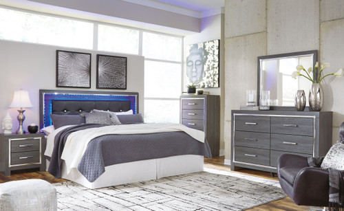 Lodanna - 5 Pc. - Dresser, Mirror, Chest, King Upholstered Panel Headboard with Bolt on Bed Frame - Gray