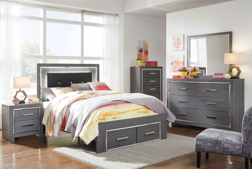 Lodanna - 7 Pc. - Dresser, Mirror, Chest, Full Panel Bed with 2 Storage Drawers, Nightstand - Gray
