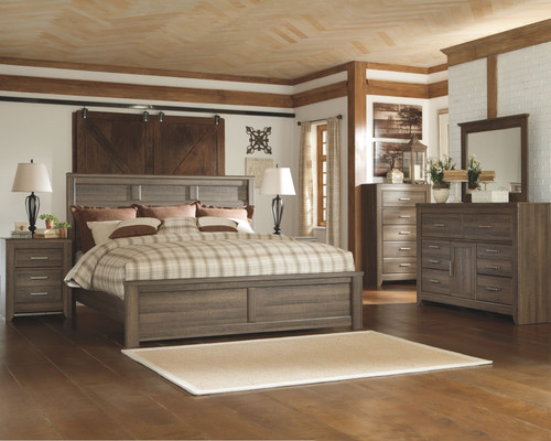 Juararo - 5 Pc. - Dresser, Mirror, California King Panel Bed - Dark Brown