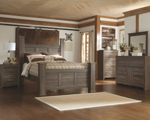 Juararo - 7 Pc. - Dresser, Mirror, Chest, Queen Poster Bed, Nightstand - Dark Brown