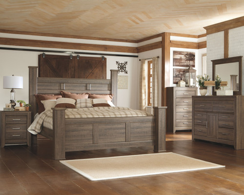 Juararo - 6 Pc. - Dresser, Mirror, Chest, California King Poster Bed - Dark Brown