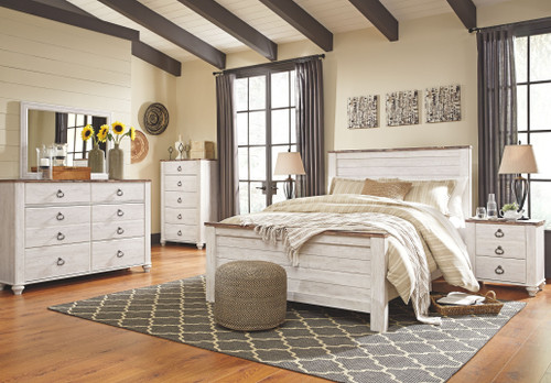 Willowton - 6 Pc. - Dresser, Mirror, Chest, Queen Panel Bed - Whitewash
