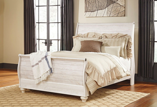Willowton - Queen Sleigh Bed with Faux Plank Design - Whitewash