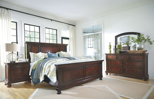 Porter - 6 Pc. - Dresser, Mirror, Queen Panel Bed, Nightstand - Rustic Brown