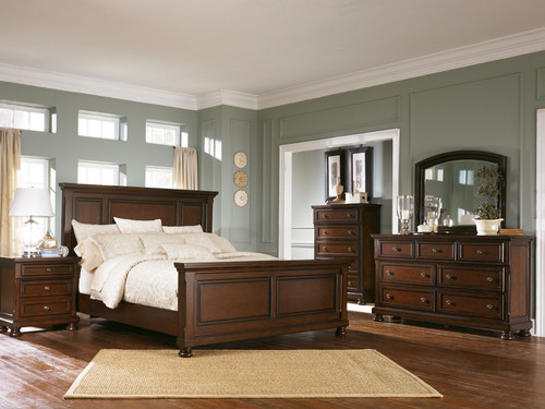 Porter - 6 Pc. - Dresser, Mirror, California King Panel Bed, Nightstand - Rustic Brown