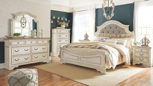 Realyn - 5 Pc. - Dresser, Mirror, Queen Upholstered Panel Bed - Two-tone