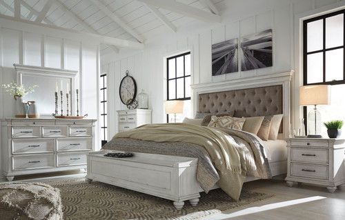 Kanwyn - 8 Pc. - Dresser, Mirror, Chest, King Upholstered Bed with Storage Bench, 2 Nightstands - Whitewash