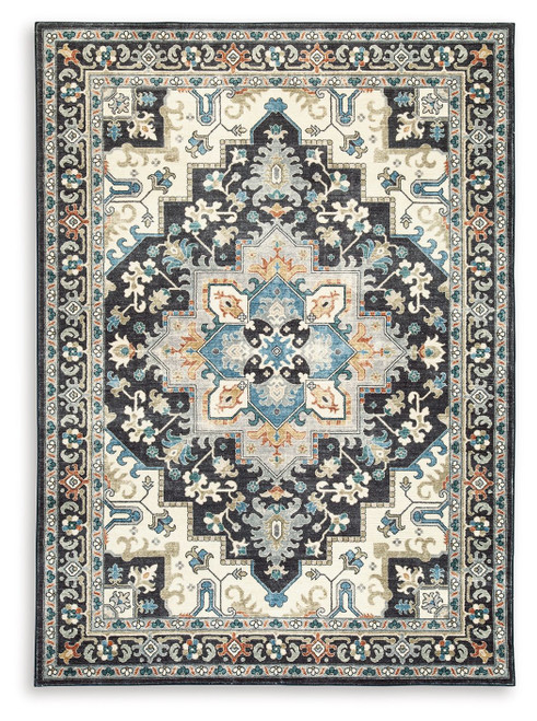 Leningston - 5' x 7' Washable Rug - Black / Cream / Blue