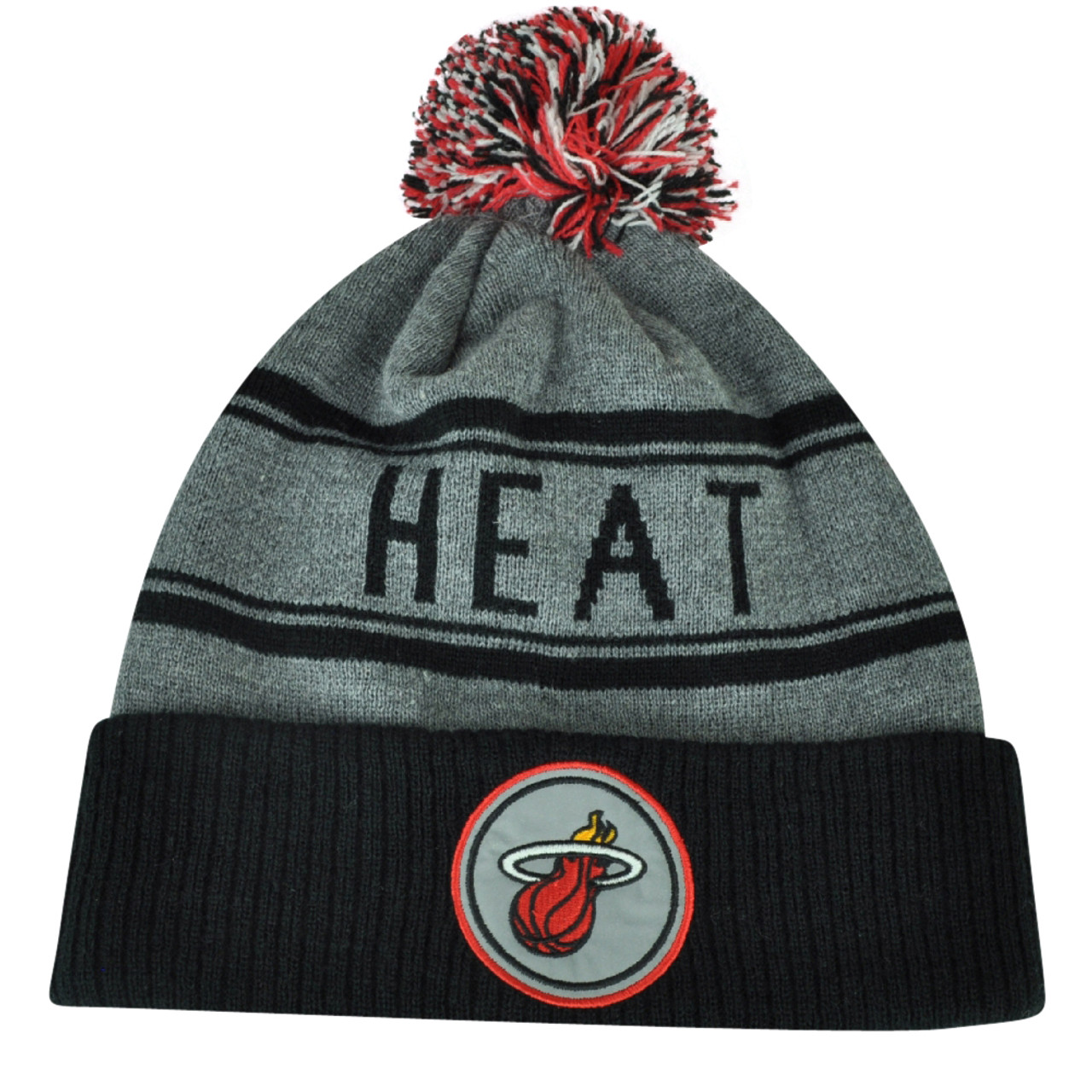 NBA Adidas Miami Heat Cuffed Pom Pom Striped Knit Beanie Hat Toque Gray  Winter - Cap Store Online.com