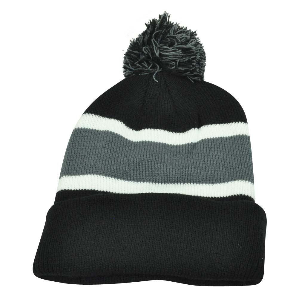 Plain Blank Striped Cuffed Beanie Pom 