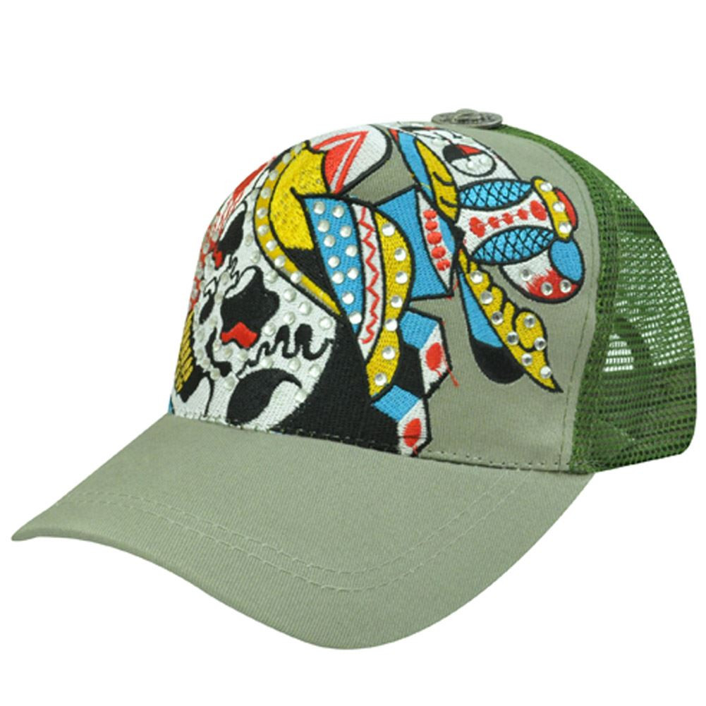 帽子 SKULL MESH TRUCKER CAP - GREEN / EA TRUCKER MESH SKELETON SKULL HAT CAP GREEN OLIVE NEW ADJ - Cap