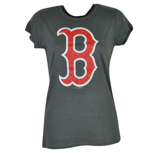 MLB Boston Red Sox Lauren Glitter Huge Logo Womens Ladies Tshirt Shirt Gray 