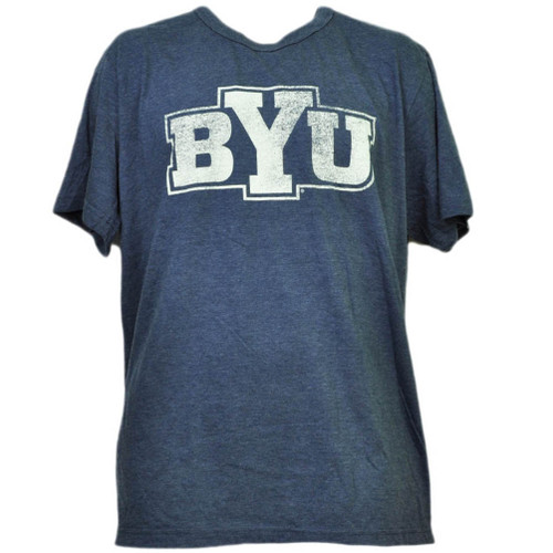 NCAA Brigham Young Cougars Distressed Logo XLarge Tshirt Tee Navy Blue Crew Neck