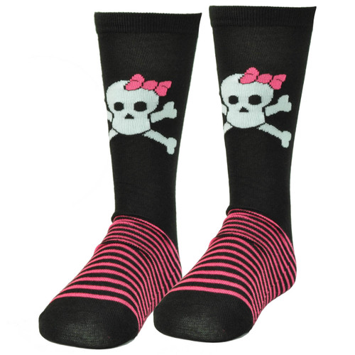 Pink Cookie Design Skull Graphics Black Pink Striped Long Socks Size 6-12 Womens