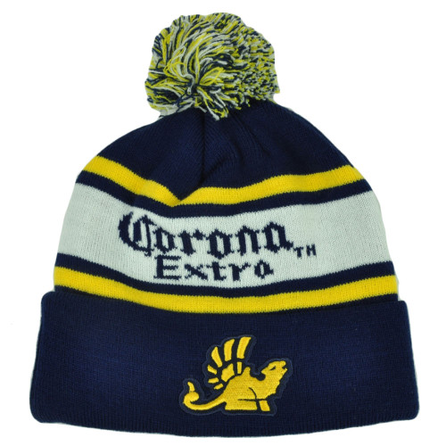 Corona Extra Pom Pom Cuffed Knit Beanie Toque Skully Striped Beer Hat Alcohol 