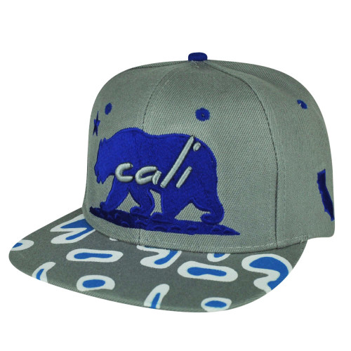 California Republic Cali Blue Bear Printed Gray White Snapback Flat Bill Hat Cap