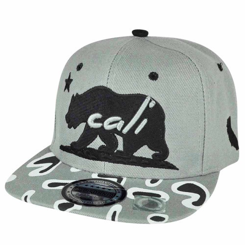 California Republic Cali Black Bears Printed Gray Snapback Flat Bill Hat Cap