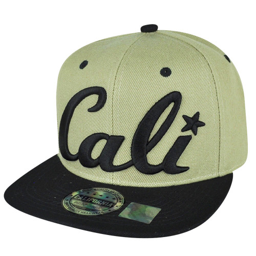 California Republic Cali Script Two Tone Khaki Snapback Black Flat Bill Hat Cap