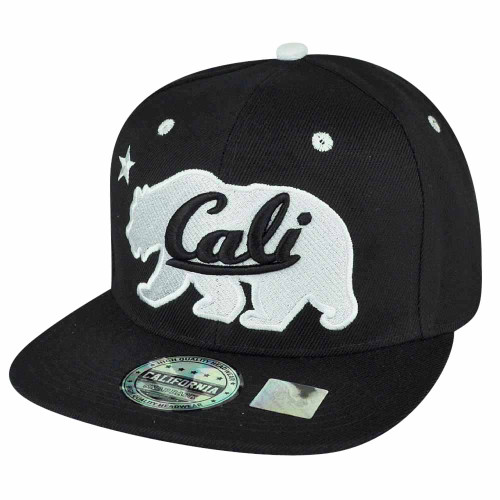 California Republic Cali White Bears Logo Solid Black Snapback Flat Bill Hat Cap