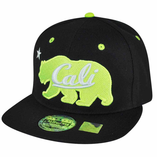 California Republic Cali Green Bears Logo Solid Black Snapback Flat Bill Hat Cap