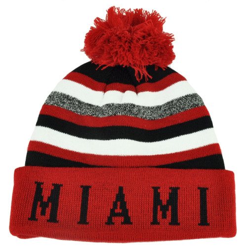 Miami Pom Pom Cuffed Toque Red White City State Town Beanie Knit Striped Skully