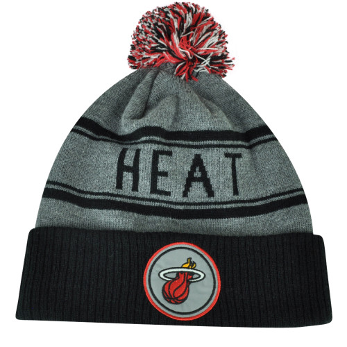 NBA Adidas Miami Heat Cuffed Pom Pom Striped Knit Beanie Hat Toque Gray Winter