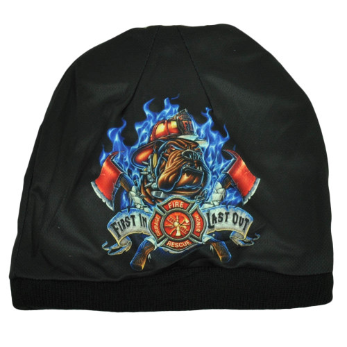 First In Last Out Fire Fighter Rescue Sublimated Knit Beanie Cuffless Hat Black