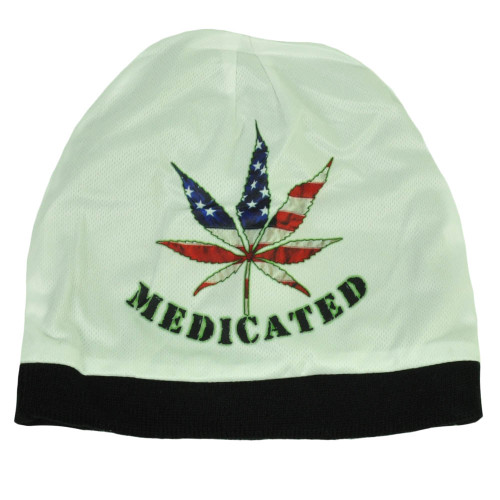 Medicated Marijuana USA Flag Weed Sublimated Knit Beanie Cuffless Toque Hat 