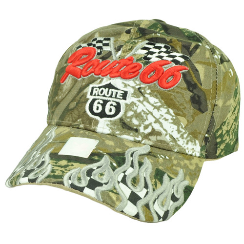 Route 66 US First Highway Camouflage Camo Checkered Flag Flames Hat Cap Road