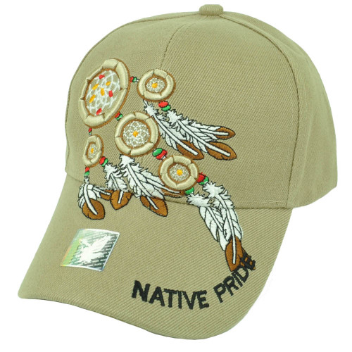 Native American Indian Pride Dream Catcher Khaki Hat Cap Feathers Adjustable 