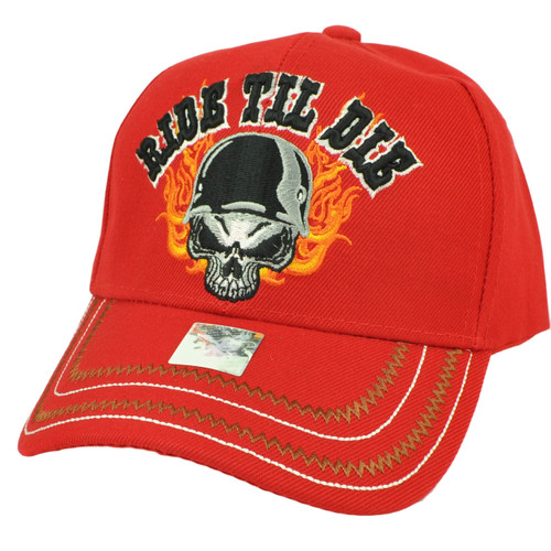 Ride Til Die Skull Flame Bikers Bike Life Motorcycles Hat Cap Adjustable Red 