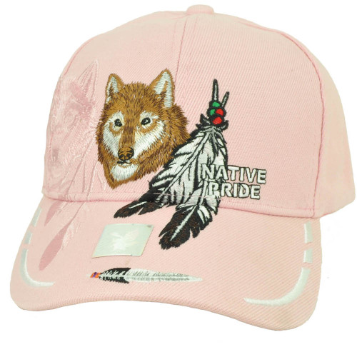 Native Indian American Pride Lone Wolf Pink Feather Animal Hat Cap Curved Bill 