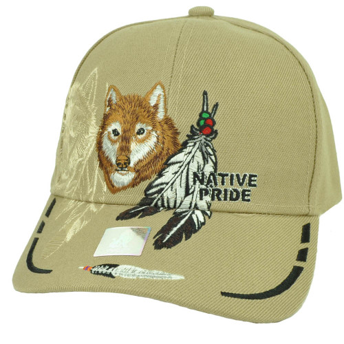 Native Indian American Pride Lone Wolf Khaki Feather Animal Hat Cap Curved Bill 