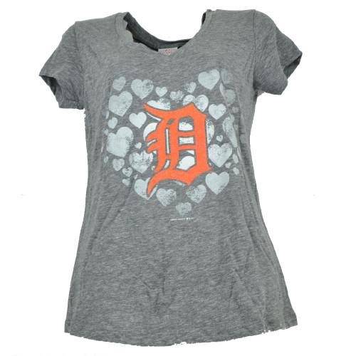 MLB Detroit Tigers Womens Ladies Glitter Logo Heart V Neck Tshirt Tee Gray SMALL