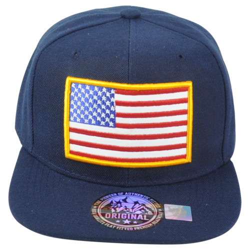 United States USA Flag Patch Navy Blue Adjustable American Flat Bill Hat Cap