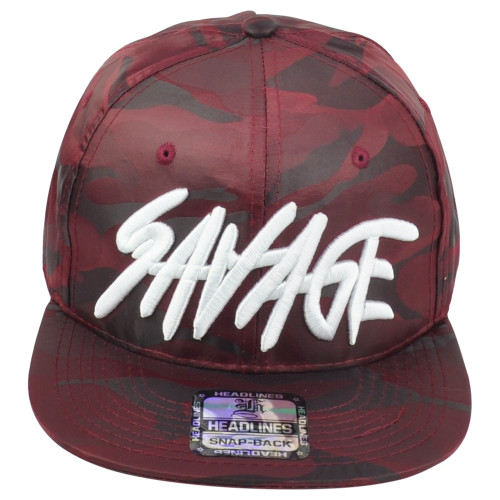 Savage Burgundy Camouflage Satin Cursive Snapback Flat Bill Adults Men Hat Cap