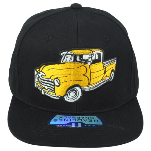 Vintage Classic Yellow Pickup Truck Snapback Flat Bill Adult Men Black Hat Cap
