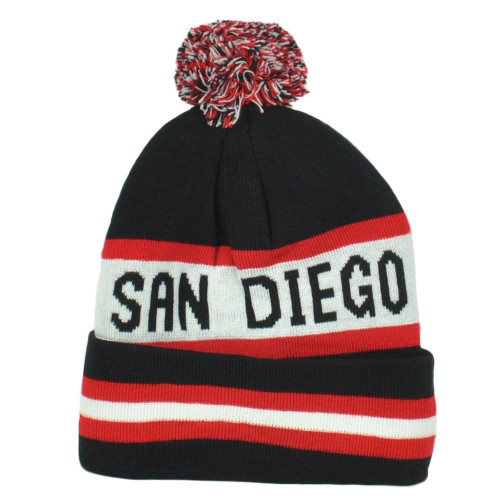 Top Level San Diego City USA Adult Black Pom Pom Cuffed  Knit Beanie Hat Winter