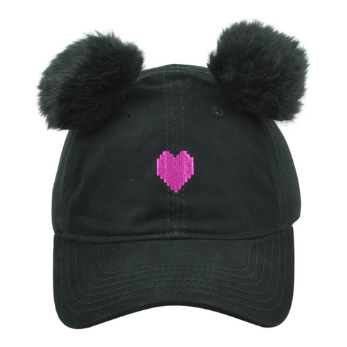 Rivington & Mott Pink Heart Pom Pom Ears Womens Ladies Adjustable Black Hat Cap