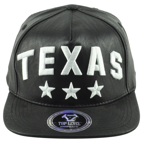 Top Level Texas State Black White Flat Bill Leather Adult Stars Snapback Hat Cap