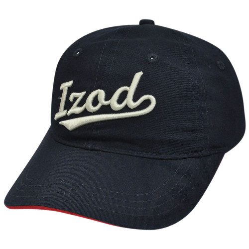 IZOD Clothes Brand Classic Script Logo Garment Wash Sun Buckle Navy Blue Hat Cap