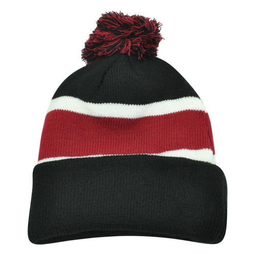 Plain Blank Striped Cuffed Thick Beanie Pom Pom Knit Skully Black Maroon Toque