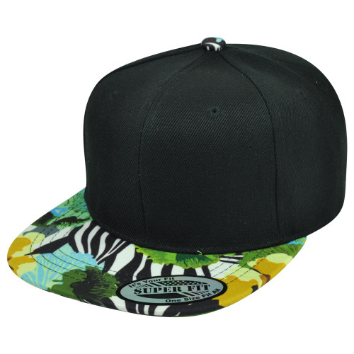 Tropical Flower Zebra Pattern Flat Bill Snapback Blank Solid Plain Hat Cap Blk