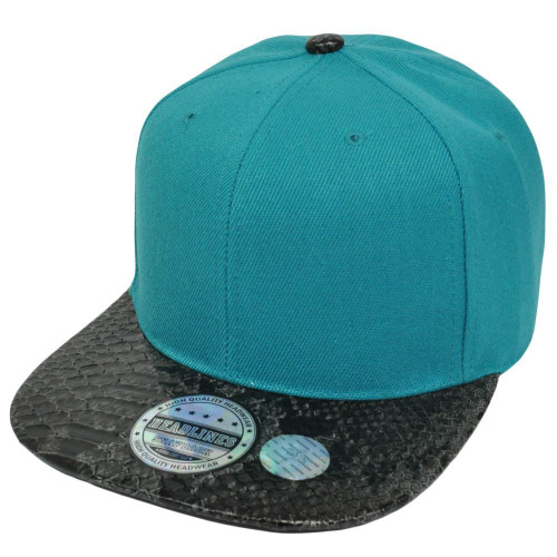 Blank Teal Solid Snake Skin Print Pleather Snapback Flat Bill Plain Hat Cap Faux