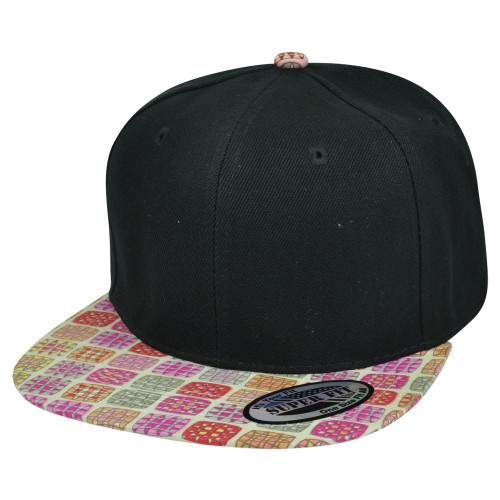 Black Plain Solid Blank Pink Square Pattern Design Flat Bill Snapback Hat Cap