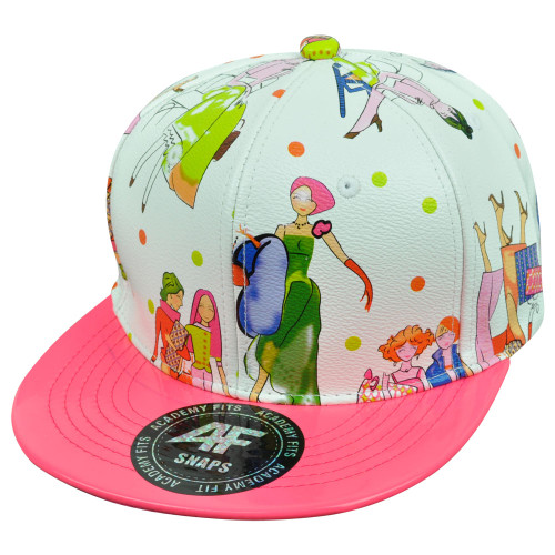 Neon Pink Flat Bill Womens Fashion Design White Faux Leather Snapback Hat Cap