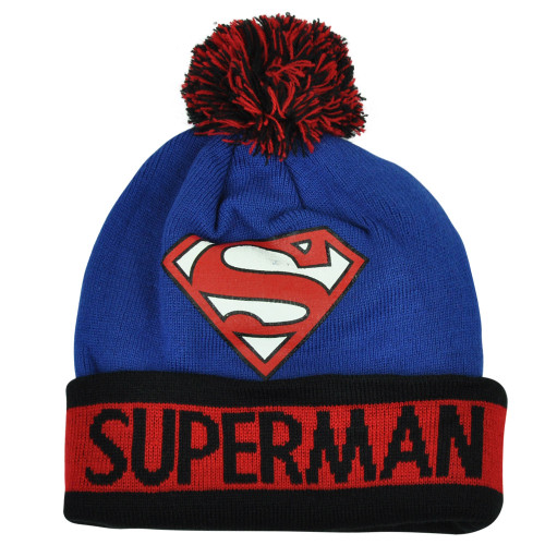 DC Comics Superman Super Hero Knit Cuffed Beanie Pom Pom Toque Blue Warner Bros 