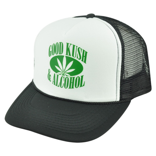 Good Kush & Alcohol Humor Funny Adult White Black Mesh Trucker Snapback Hat Cap 